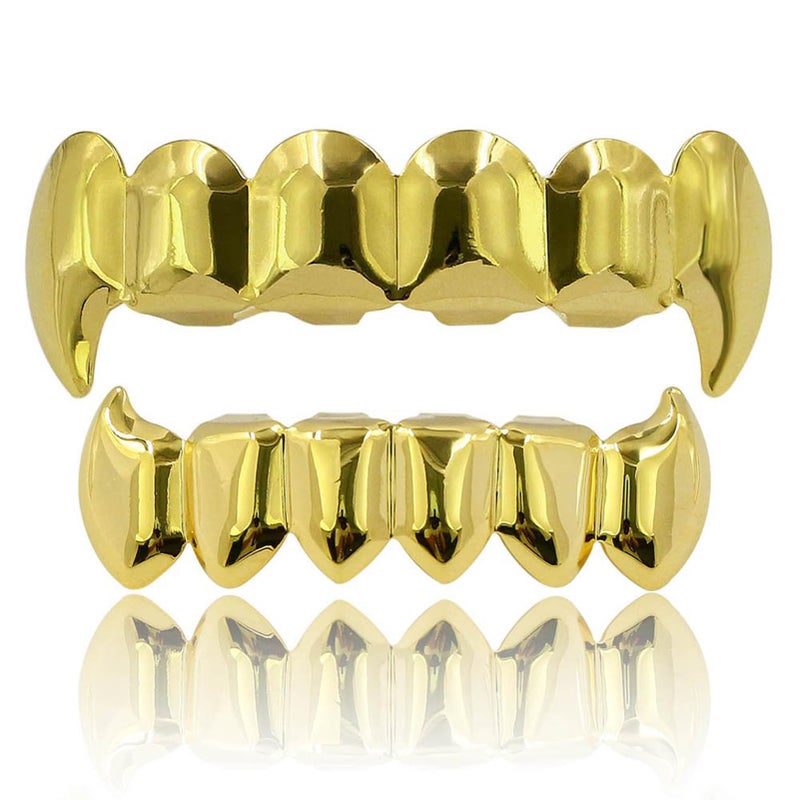 JINAO Gold Vampire Grillz Face 14K Gold Plated Hip Hop Top Bottom Fangs Grills for Your Teeth Set for Men and Women (Gold Grillz) - Image 1